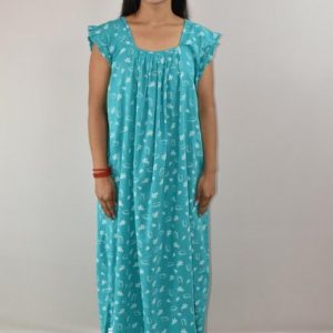 Blue Cotton Maxi Nighty Square Neck Short Sleeves with pleats