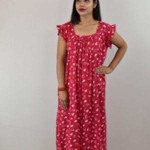 Red Cotton Maxi Nighty Square Neck Short Sleeves with pleats