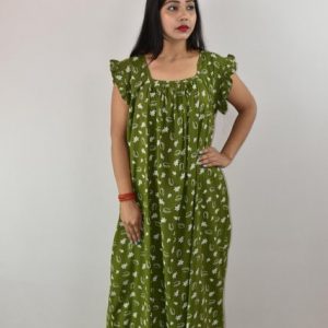 Green Cotton Maxi Nighty Square Neck Short Sleeves with pleats