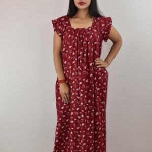 Maroon Cotton Maxi Nighty Square Neck Short Sleeves with pleats