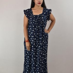 Blue Cotton Maxi Nighty Square Neck Short Sleeves with pleats