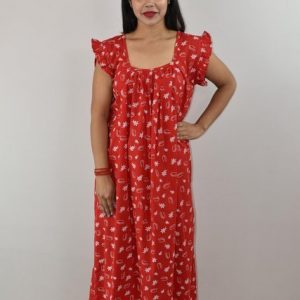 Red Cotton Maxi Nighty Square Neck Short Sleeves with pleats