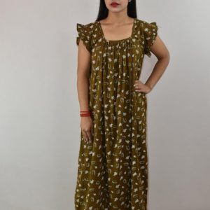 Walnut Cotton Maxi Nighty Square Neck Short Sleeves with pleats