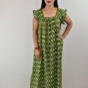 Green Cotton Maxi Nighty Square Neck Short Sleeves with pleats