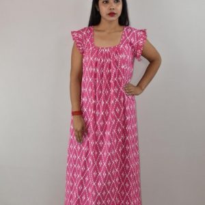pink Cotton Maxi Nighty Square Neck Short Sleeves with pleats