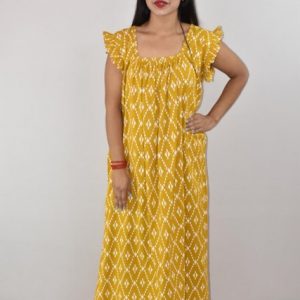 Yellow Cotton Maxi Nighty Square Neck Short Sleeves with pleats