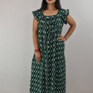 dark Green Cotton Maxi Nighty Square Neck Short Sleeves with pleats