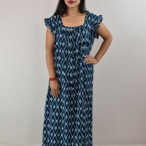 Blue Cotton Maxi Nighty Square Neck Short Sleeves with pleats