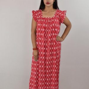 Red Cotton Maxi Nighty Square Neck Short Sleeves with pleats