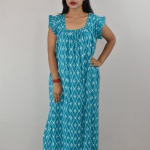 Sky Blue Cotton Maxi Nighty Square Neck Short Sleeves with pleats