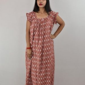Peach Cotton Maxi Nighty Square Neck Short Sleeves with pleats