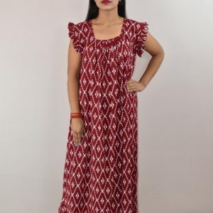 Maroon Cotton Maxi Nighty Square Neck Short Sleeves with pleats
