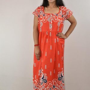 Red Cotton Maxi Nighty Square Neck Short Sleeves with Button