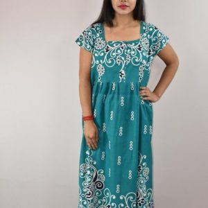Blue Cotton Maxi Nighty Square Neck Short Sleeves with Button