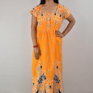 Yellow Cotton Maxi Nighty Square Neck Short Sleeves with Button