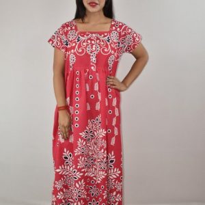 Pink Cotton Maxi Nighty Square Neck Short Sleeves with Button