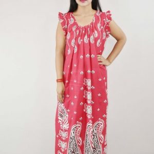 Pink Cotton Maxi Nighty round Neck Short Sleeves with pleats