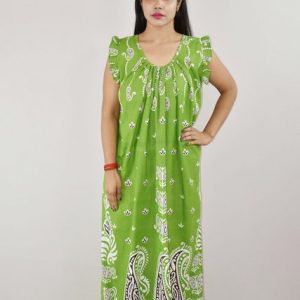 Green Cotton Maxi Nighty round Neck Short Sleeves with pleats