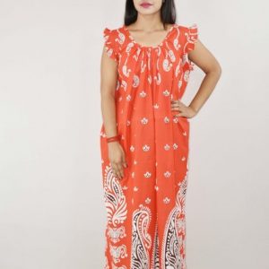 Red Cotton Maxi Nighty round Neck Short Sleeves with pleats