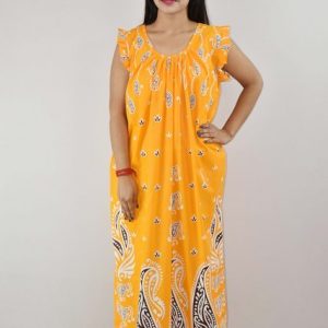 Yellow Cotton Maxi Nighty round Neck Short Sleeves with pleats