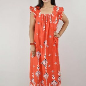 Red Cotton Maxi Nighty Square Neck Short Sleeves with pleats