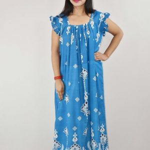 Blue Cotton Maxi Nighty Square Neck Short Sleeves with pleats