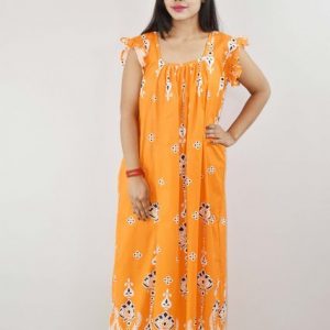 Orange Cotton Maxi Nighty Square Neck Short Sleeves with pleats