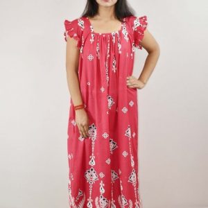 Pink Cotton Maxi Nighty Square Neck Short Sleeves with pleats