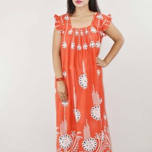 Red Cotton Maxi Nighty Square Neck Short Sleeves with pleats