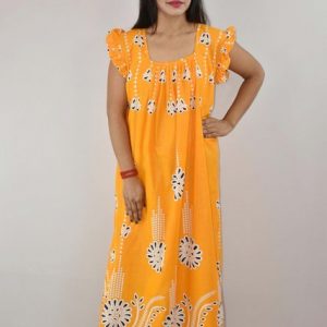 Yellow Cotton Maxi Nighty Square Neck Short Sleeves with pleats
