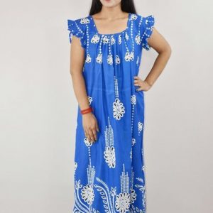 Blue Cotton Maxi Nighty Square Neck Short Sleeves with pleats