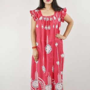 Pink Cotton Maxi Nighty Square Neck Short Sleeves with pleats