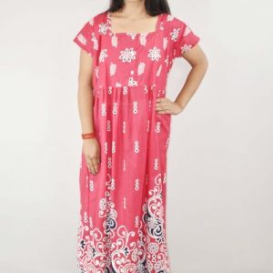 Pink Cotton Maxi Nighty Square Neck Short Sleeves with Button