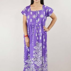 Purple Cotton Maxi Nighty Square Neck Short Sleeves with Button