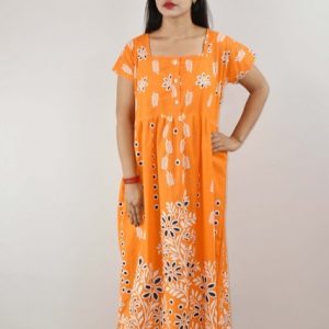 Orange Cotton Maxi Nighty Square Neck Short Sleeves with Button