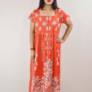 Red Cotton Maxi Nighty Square Neck Short Sleeves with Button