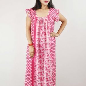 Pink Cotton Maxi Nighty Square Neck Short Sleeves with pleats