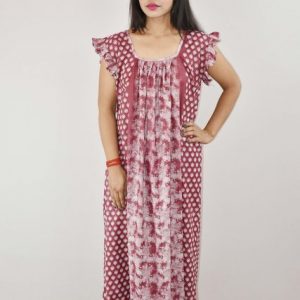 Maroon Cotton Maxi Nighty Square Neck Short Sleeves with pleats