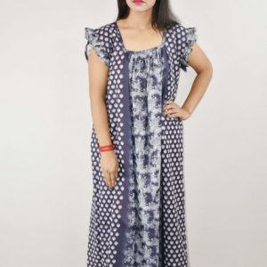 Blue Cotton Maxi Nighty Square Neck Short Sleeves with pleats