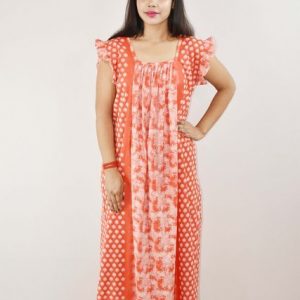 Red Cotton Maxi Nighty Square Neck Short Sleeves with pleats