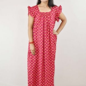 Pink Cotton Maxi Nighty Square Neck Short Sleeves with pleats
