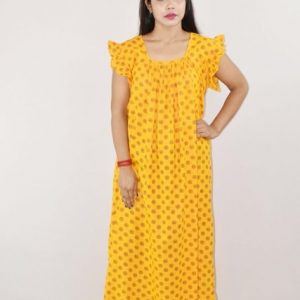 Yellow Cotton Maxi Nighty Square Neck Short Sleeves with pleats