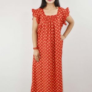 Red Cotton Maxi Nighty Square Neck Short Sleeves with pleats