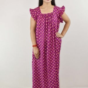 Purple Cotton Maxi Nighty Square Neck Short Sleeves with pleats