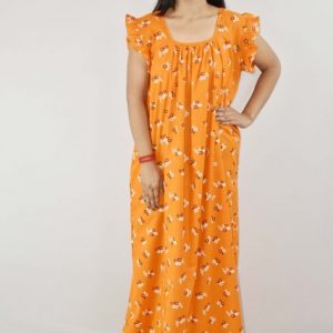 Orange Cotton Maxi Nighty Square Neck Short Sleeves with pleats