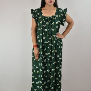Green Cotton Maxi Nighty Square Neck Short Sleeves with pleats