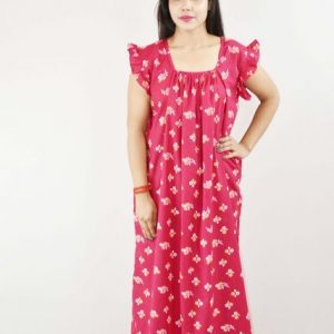 Pink Cotton Maxi Nighty Square Neck Short Sleeves with pleats