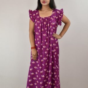 Purple Cotton Maxi Nighty Square Neck Short Sleeves with pleats