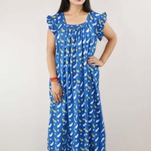Blue Cotton Maxi Nighty Square Neck Short Sleeves with pleats