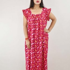 Red Cotton Maxi Nighty Square Neck Short Sleeves with pleats